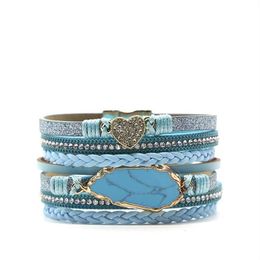 Light Yellow Gold Color Irregular Shape Blue Turquoises Stone Connect Leather Bracelet For Women Jewelry Link Chain305B