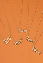 Twelve Constellations Pendant Necklace For Women Men Zodiac Sign Necklaces Old English Letter Gold Colour Stainless Steel Chain3526361
