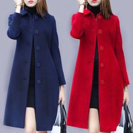 S 4XL Autumn Women Coat Mid Length Single Breasted Solid Colour Turn down Collar Elegant Soft Plus Size Warm Winter Jacket 231225