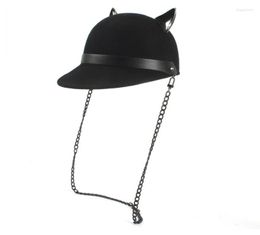 Ball Caps Wool Black Women Baseball Hat With Punk Chain Lady Devil Horns Cute Cat Ear Animal Bowler Visor Cap2199677