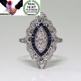 OMHXZJ Whole European Solitaire Rings Fashion Woman Man Party Wedding Gift Luxury White Blue Topaz Zircon 18KT White Gold Ring2822727