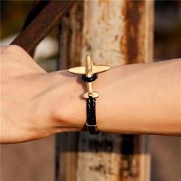 Fashion Gold Stainless Steel Anchor Airplane Bracelets With Vintage Genuine Leather Bracelet Men Women Homme Jewelry Charm269Z