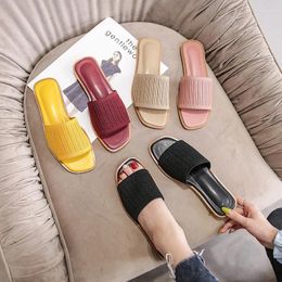 Slippers Flat Heel Knitting Women Candy Colour Open Toe Summer Slides Shoes Casual Weaving Sandalias Female Flip Flops Big Size43