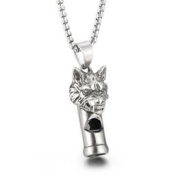 Gothic Wolf Head Whistle Necklace Pendant Casting Stainless Steel Rolo Chain Jewellery For Mens Boys Cool Gifts Silver Polished Blin2666