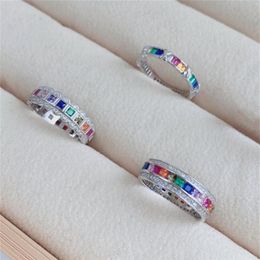 Bohemia rainbow 925 sterling silver luxurious Jewellery rings Colourful 5A square zirconia designer ring for woman Party Wedding Enga203i