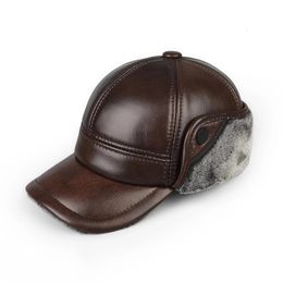 High Quality Genuine Leather Hats Winter First Layer Cowhide Warm Earmuffs Bomber Caps Plus Velvet Thicken Man Bone Caps Dad Hat 231225