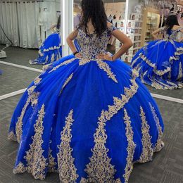 Gorgeous Blue Shiny Quinceanera Dresses Gold Applique Lace Off the Shoulder Ball Gown Princess Birthday Party Sweet 16 vestidos de 15