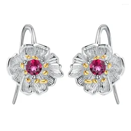 Dangle Earrings GEM'S BALLET 925 Sterling Silver Handmade For Women Natural Rhodolite Garnet Blooming Poppies Flower