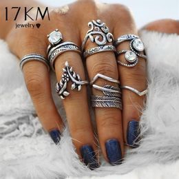 Cluster Rings 17KM Vintage Silver Colour Knuckle Carving Antique Hollow Flower Leaves Crystal Party Jewellery For Women 8 PCS Lot200c