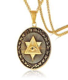 Pendant Necklaces Triangle Illuminati All Eyes Gold Stainless Steel Masonic Necklace Star Of David Round Pendants Men Hip Hop Jewe4542173