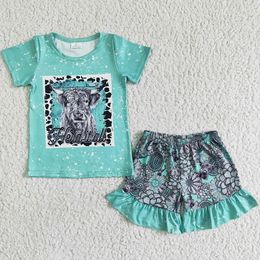 Sets Summer Fashion Kids Baby Girls Clothing Set Short Sleeve Ruffle Shorts Boutique Toddler Girl Clothes Cow Print Cute Kid Outfits Wh