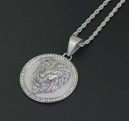 Fashion- lion head diamonds pendant necklaces for men western animal luxury necklace Stainless steel Cuban chain round dog jewelry3975344