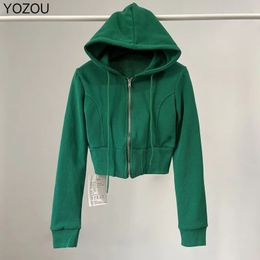 YOZOU 2023 Green Pink Black Cropped Full Zip Up Hoodie Slim Y2k Solid Hooded Sweatshirt Crop Top Women Kpop Streetwear Kawaii 231225