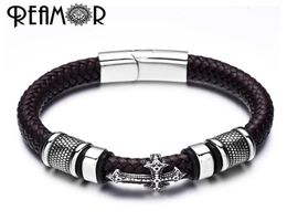 Reamor 12mm bredd flätade läder män armband 316l rostfritt stål charms manschett armband armband trendiga manliga smycken SH1903874219