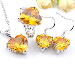 Luckyshine Lady Jewellery Set Golden Citrine Heartshaped Crystal Cubic Zirconia 925 Silve Engagement Pendants Earrings Rings6961196