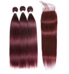 99J Straight Bundle With Closure Brazilian Remy Human Hair Burgundy Red Colored 3 Bundles With 4x4 Lace Closures8325221