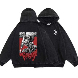 Berserk Sweatshirts Men Anime Graphic Print 100%cotton Hoodies Black Vintage Acid Washed Hoody Y2k Retro Pullover Men's Clothing