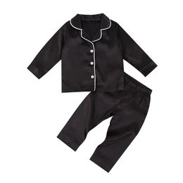 Baby Boy Black Satin Silk Pyjama Sets Sleepwear Long Sleeve Top Pants 17Y Toddler Kids Children Summer Fall Casual Nightshirt 231226