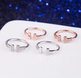 Real 925 Sterling Silver CZ Diamond wedding RING double T ring Jewellery ring for woman lover rings rose gold and silver color1936253