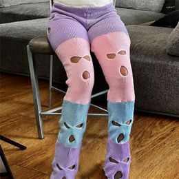 Women's Pants Patchwork Multicolor Ladies Long High Waist Knitted Sweater Leggings Flare Bottom Hole Stacked
