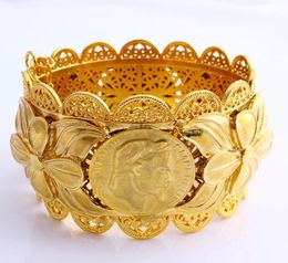 70mm Ethiopian Coin Fashion Big Wide Bangle CARVE 22K THAI BAHT SOLID Gold GF Dubai Copper Jewellery Eritrea Bracelet Accessories6090114