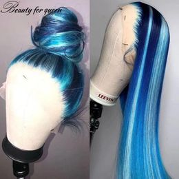 Wigs Blue Human Hair Wig with Light Blue Streak Colored Straight Highlight Transparent Lace Front Wigs For Black Women Synthetic Heat R