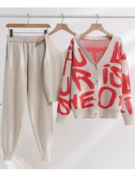 Women's Warm Tracksuit with Print Knitted Trousers Suit Button Up Oversize Cardigan Thick Two Piece Pants Set for Women Jumpsuit 231225