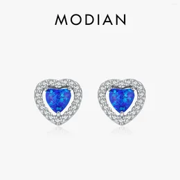 Stud Earrings MODIAN Solid 925 Sterling Silver Sparkling Hearts Blue Opal Platinum Plated Simple For Women Fine Jewelry