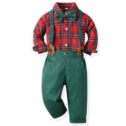 Boys' Set Children's Christmas Gentlemen Dress Long Sleeve Plaid Shirt Autumn Winter Green Strap Pants Kid Boutique Outfits 231225