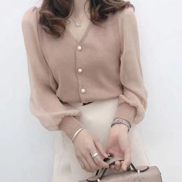 XEJ Chiffon Blouse Korean Fashion Office Clothes Knitted Tops Women Spring Autumn 2021 Women Fashion Long Sleeve Shirt Sheer