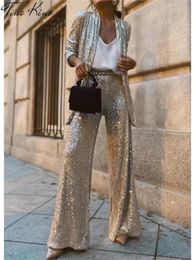 Women Sequined Jacket Flare Pant Suit 2023 Winter Street Long Sleeve Coat Wide Leg Trousers 2 Piece Set Fashion Silver Lady Sets 231226