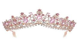 Baroque Rose Gold Pink Crystal Bridal Tiara Crown With Comb Pageant Prom Veil Headband Wedding Hair Accessories 2110065233209