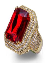 Iced Out Hip Hop Ring Gold Colour Cubic Zircon Big Red Stone Ring Personality Fashion Men Women Jewellery Lover039s Gift4357158