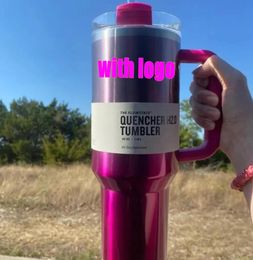 Mugs 1:1 same Camelia Pink Gradient H2.0 40oz Stainless Steel Tumblers Cups with Silicone handle Lid And Straw Travel Car mugs Keep Dri