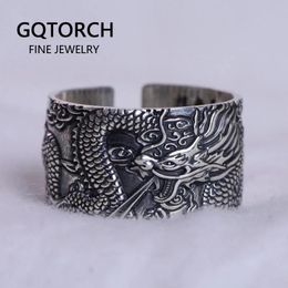 Rings Real Pure Sier Mens Biker Rings with Flying Dragon Vintage Punk Style Heart Sutra Engraved Buddhism Animal Jewellery