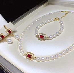 Earrings Necklace HABITOO 67mm White Natural Freshwater Pearl Bracelet Red CZ Sqaure Fittings Gorgeous Jewellery Set For Women5549837