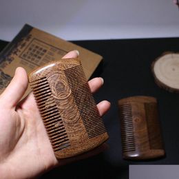 Hair Brushes Combs Green Sandalwood Pocket Beard Double-Sided Beautifly Carved Craft Fashion Handmade Natural Wood Comb Drop Delivery Dhsyl