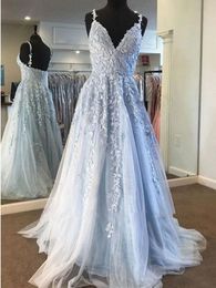 Charming Sky Blue Lace Tulle Prom Dresses Sexy A Line V-neck Spaghetti Straps Appliques Floor-length Evening Gowns Bridesmaids Dresses Plus Size