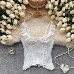 Women's Tanks Sexy Ruffle Mesh Top Vintage Corset Bustier Korean Camis Chic Crop Summer Basic Women Party Sweet Y2k