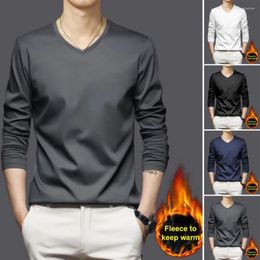 Men's T Shirts Autumn Winter Shirt V Neck Long Sleeve Velvet Lining Pullover Soft Warm Mid Length T-shirt For Fall Spring V-neck
