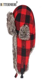 BUTTERMERE Winter Hats For Mens Bomber Hat Fur Red Warm Earflap Cap Windproof Women Thicker Plaid Russian Ushanka Hat Black Blue T3860521