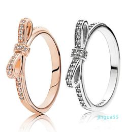 fashion 925 Sterling Silver Sparkling Bow Ring Set Original Box for grain Women Wedding Diamond bowknot 18K Rose Gold Rings4816038