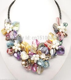 gtgtgtStunning Multicolor Freshwater Pearl Sea Shell Flower Leather Necklace 18quot6347202