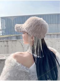 Ball Caps 202312-bd Ins CHIC Party Crystal Beaded Tassels Leisure Winter Warm Hair Lady Baseball Hat Women Visors Cap