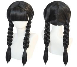 Synthetic Wigs Anogol Wednesday Addams Cosplay Wig Movie The Family Long Black Braids Hair with Bangs for Halloween Party 2302142449630