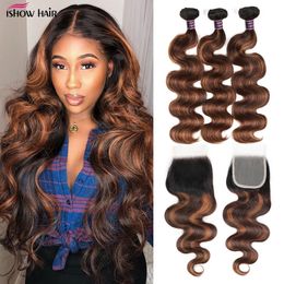 FB 30 Highlight Bundles With Closure Inch Body Wave 4x4 Transparent Brazilian Remy Hair Weave For Women 231226