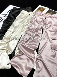 Women's Pants Capris Luxury Silk Gorpcore Solid Pink Drawstring Fluid Baggy Cargo Pants Women Black Beige Grey Streetwear Trousers Bottoms J231226