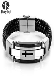 Jiayiqi Punk Stainless Steel Braided Cuff Leather Bracelets Men Woven Bangle For Men Jewellery Christmas Gift 2016 C190417036304118