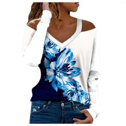 Women's Blouses Casual Women V Neck Flower Print Shirts Elegant Hollow Out Halter Pullover Top Sexy Striped Patchwork Long Sleeve Blusas