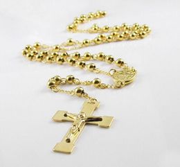 Charming Easter gifts jewelry Solid Stainless steel 8mm ball Gold Long chain Rosary Necklace Chain Jesus Pendant necklace heavy huge3450008
